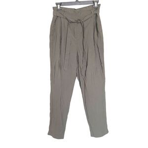 H&M Womens Paperbag Pants Size 6 Belted Army Green High Waist Trousers Pleated